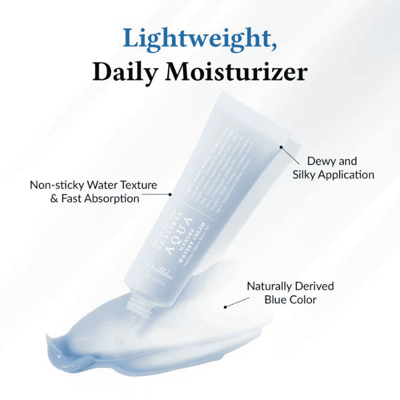 Lakinza Dr. Althea Aqua Marine Watery Cream 50ml in a white jar with blue accents, showcasing the moisturizing cream's smooth texture.