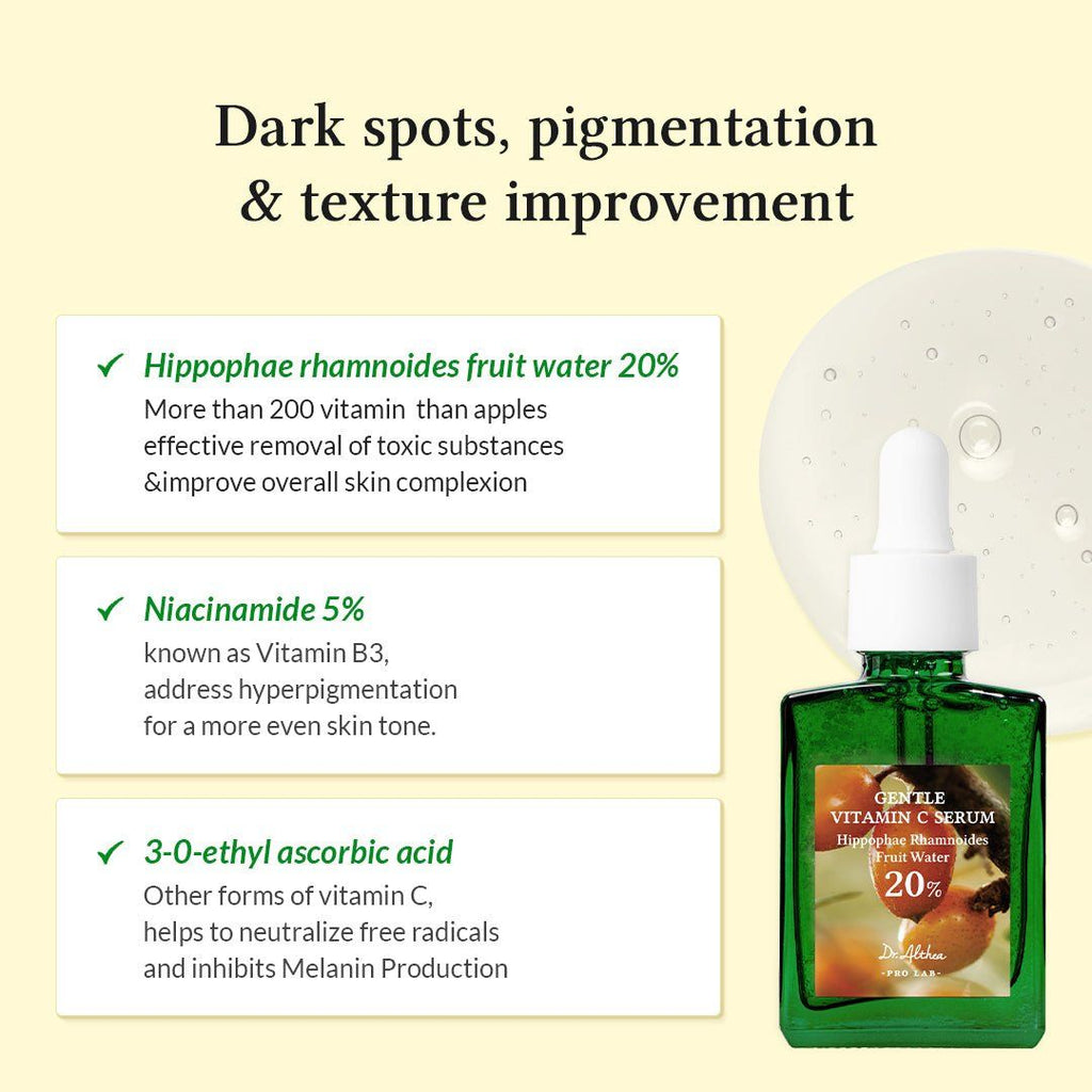 Lakinza Dr. Althea Gentle Vitamin C Serum 30ml bottle, clear serum in a sleek dropper bottle for brightening and skin care.