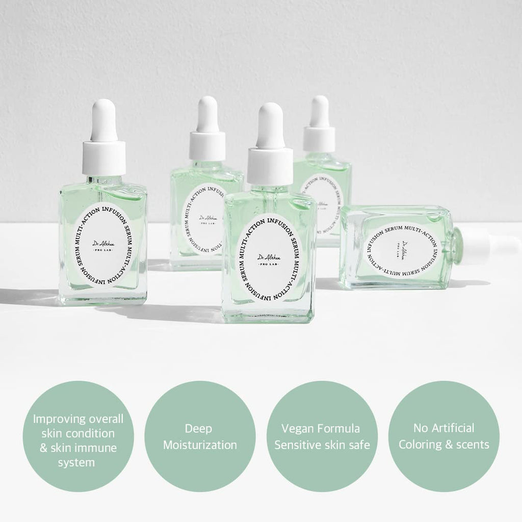 Lakinza Dr. Althea Multi-Action Infusion Serum 30ml bottle, clear glass with dropper, on white background.