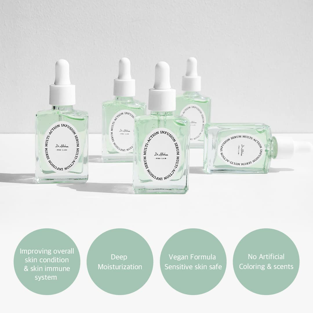 Lakinza Dr. Althea Multi-Action Infusion Serum 30ml bottle, clear glass with dropper, on white background.