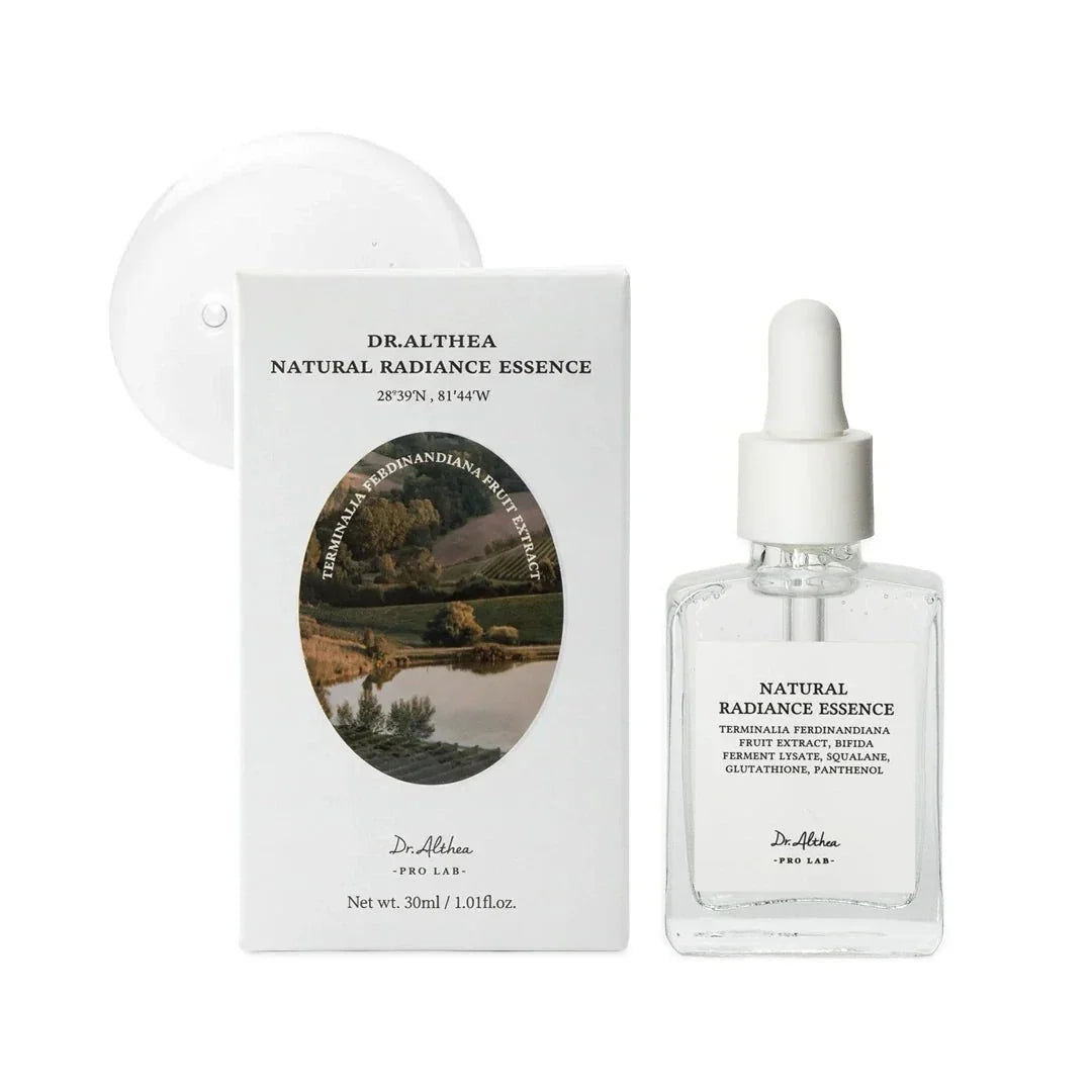 Dr.Althea Natural Radiance Essence serum in a 30ml bottle, featuring clear liquid and sleek packaging with branding details.