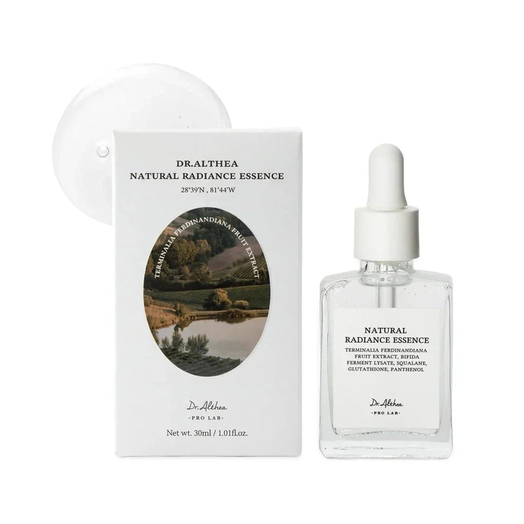 Dr.Althea Natural Radiance Essence serum in a 30ml bottle, featuring clear liquid and sleek packaging with branding details.