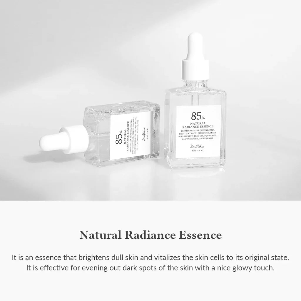 Lakinza Dr. Althea Natural Radiance Essence serum in a 30ml bottle, featuring a clear glass container with a pump dispenser.