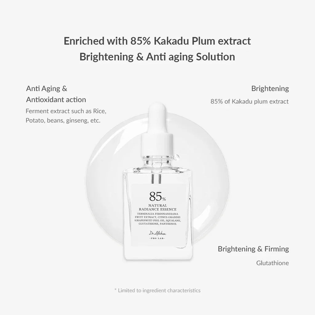 Lakinza K-beauty Dr. Althea Natural Radiance Essence serum bottle, 30ml, with clear label and elegant packaging.