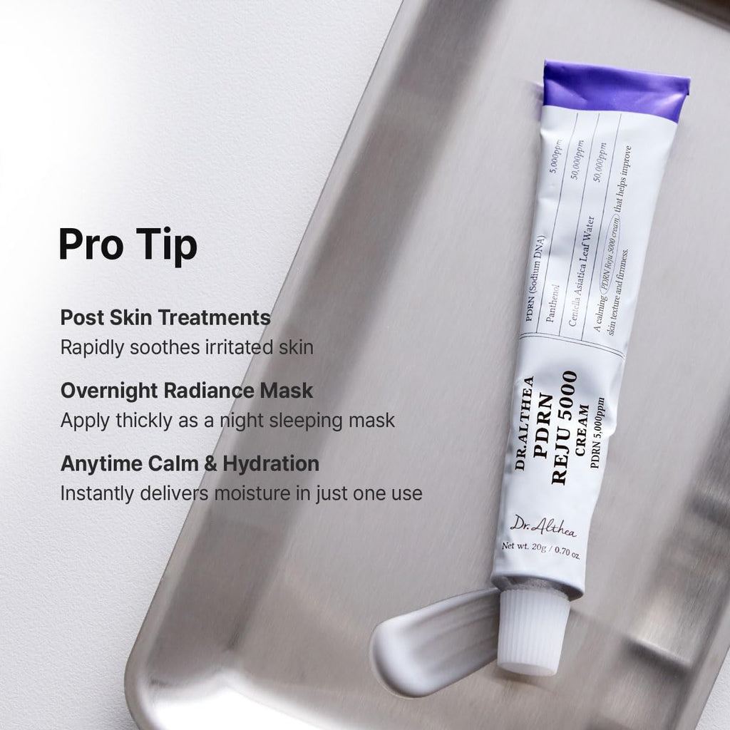 Dr.Althea PDRN Reju 5000 Cream in 20g jar, Lakinza K-beauty skincare product with a white cream inside a jar.