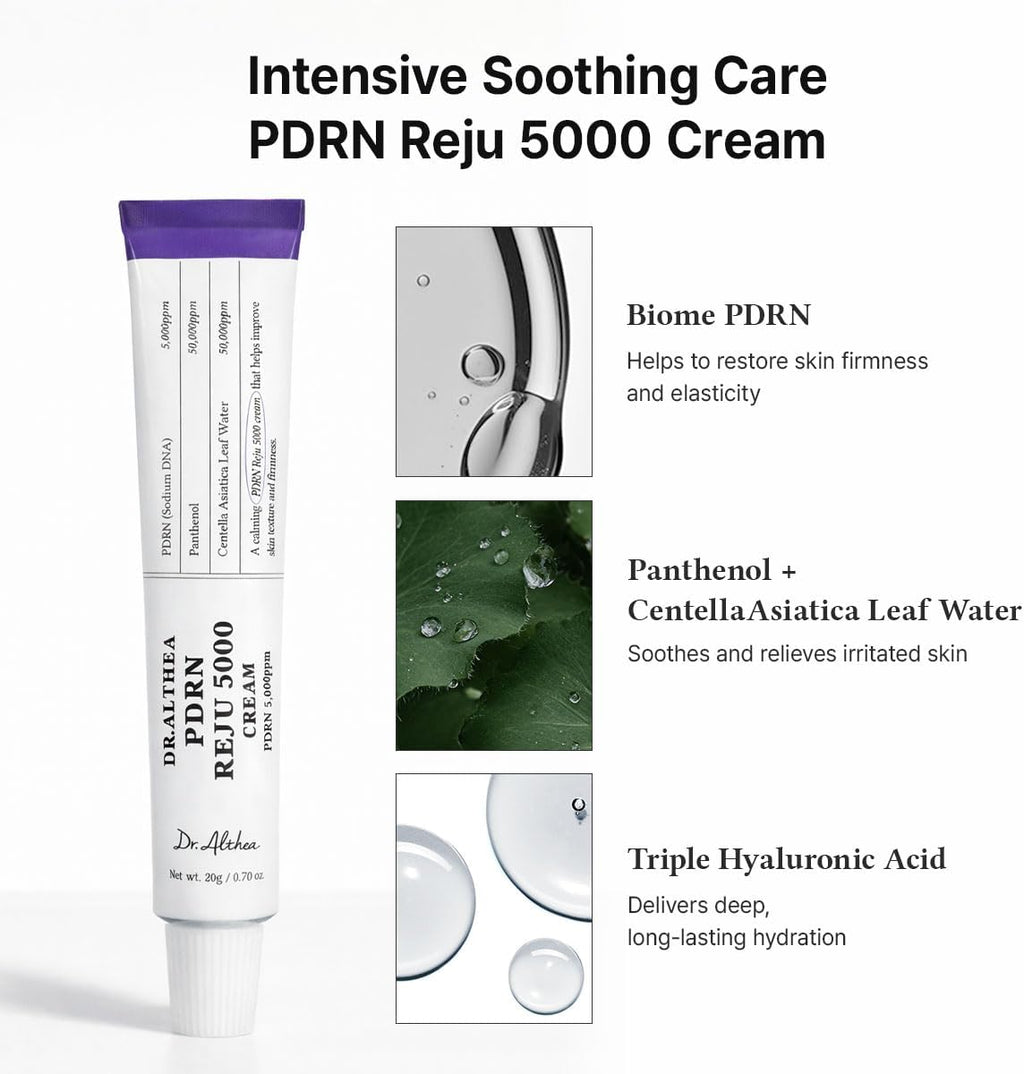 Lakinza Dr.Althea PDRN Reju 5000 Cream 20g jar with white lid, smooth cream texture, K-beauty skincare product for rejuvenation