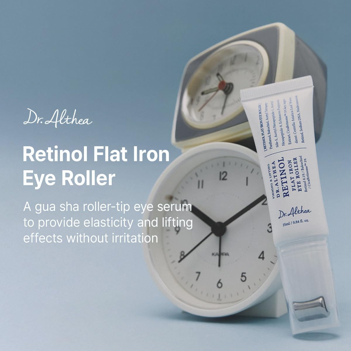 Dr.Althea Retinol Flat Iron Eye Roller by Lakinza, 25ml, a soothing eye cream with retinol for reducing puffiness and fine lines.