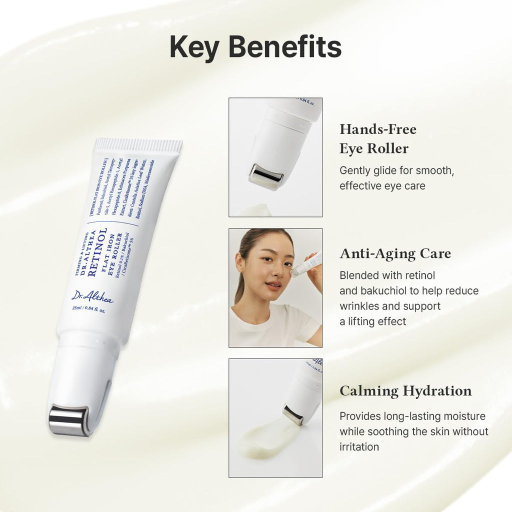 Lakinza Dr. Althea Retinol Flat Iron Eye Roller 25ml, a soothing eye cream with retinol for reducing puffiness and fine lines.
