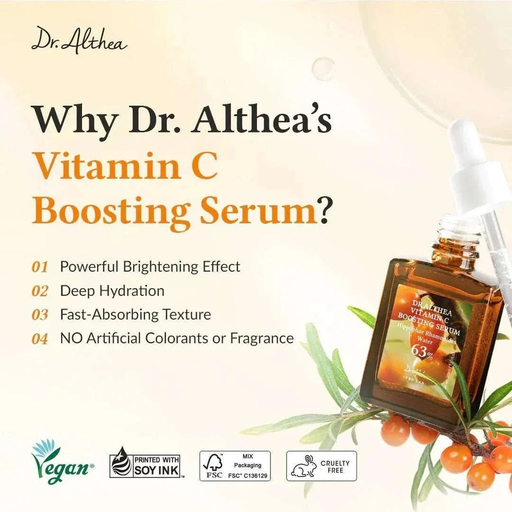 Dr.Althea Vitamin C Boosting Serum 30ml bottle, clear serum in a sleek container, part of Lakinza K-beauty skincare collection.