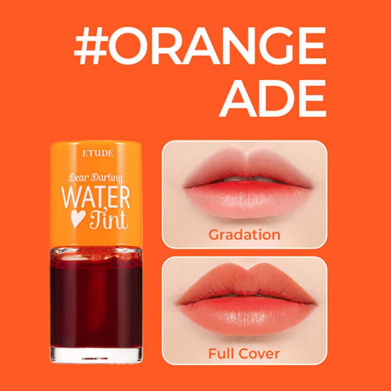 Etude House Dear Darling Water Tint lip makeup in a vibrant shade, featuring a sleek, clear packaging with the product visible inside.