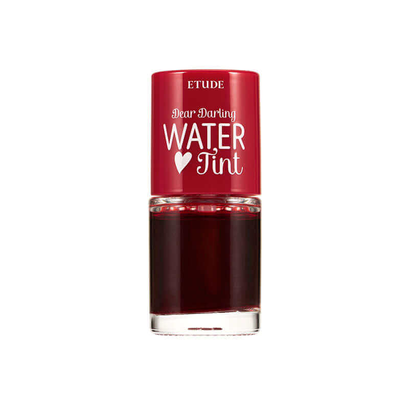 Etude House Dear Darling Water Tint lip makeup in a transparent bottle with pink liquid and a glossy finish, showcasing the product.