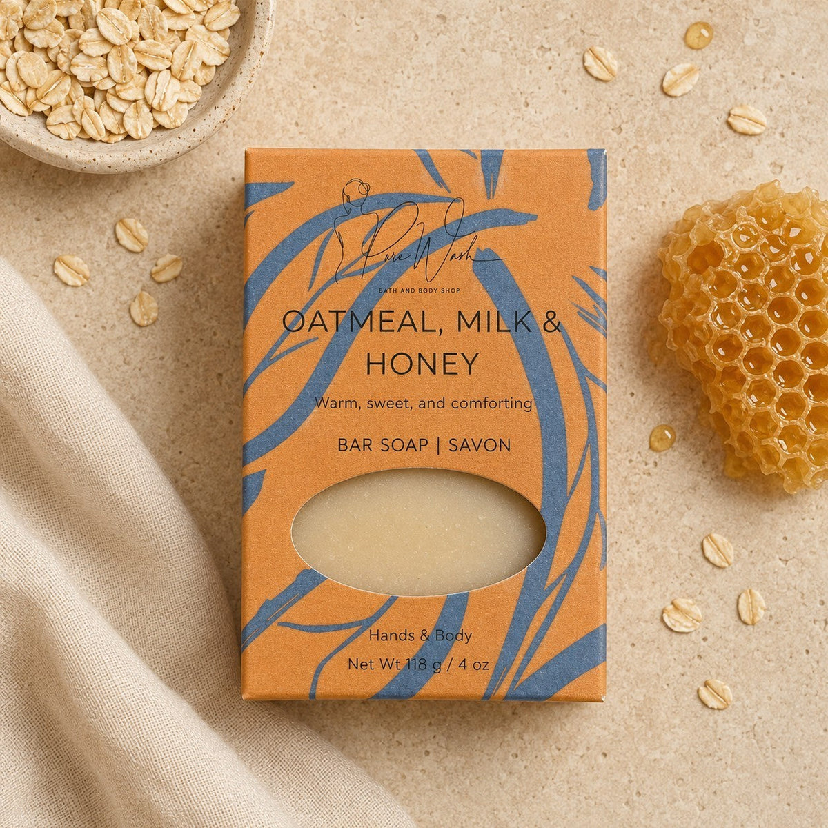 Pure Wash oatmeal milk and honey soap bar with a creamy, textured surface and natural ingredients visible.