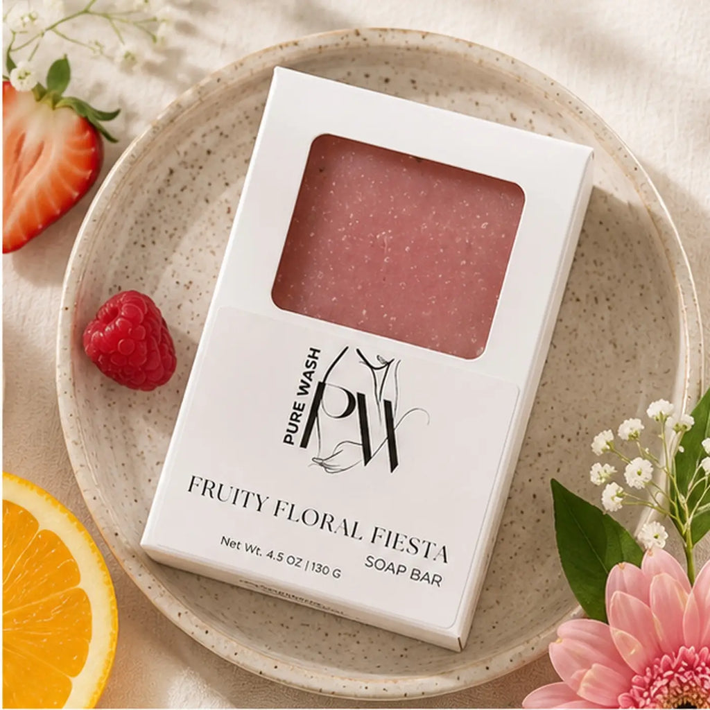 Handmade Fruity Floral Fiesta soap bar by Pure Wash with pink and white speckled design, showcasing vibrant floral and fruit motifs.
