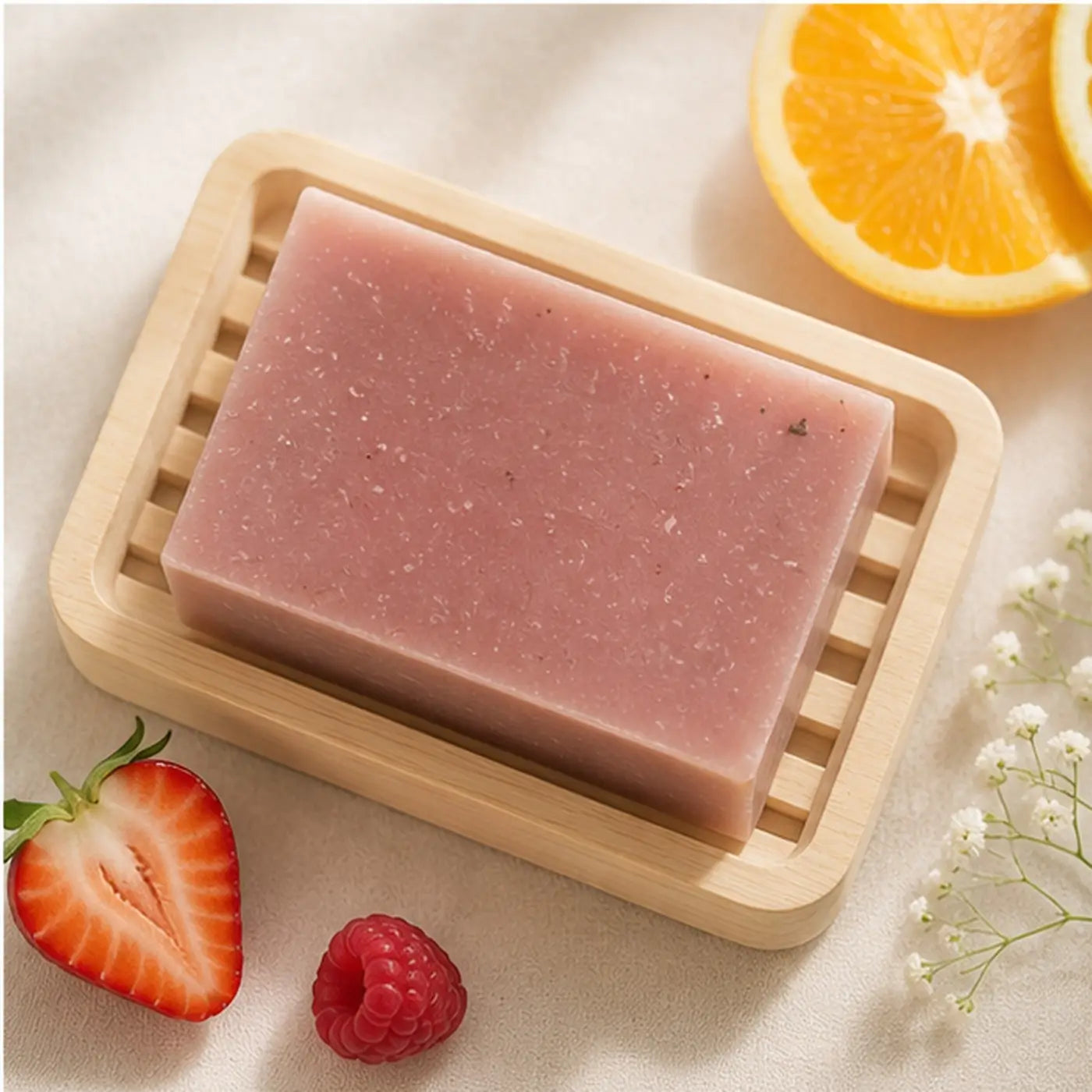 Handmade Fruity Floral Fiesta soap bar by Pure Wash, pink speckled rectangular floral and fruity scented soap