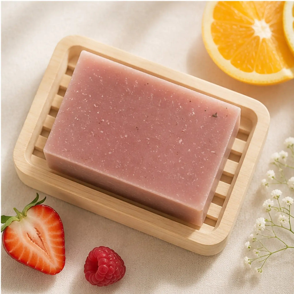 Handmade Fruity Floral Fiesta soap bar by Pure Wash, pink speckled rectangular floral and fruity scented soap