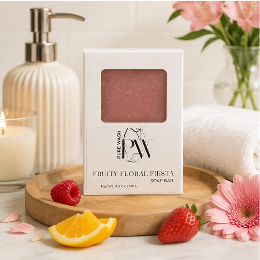 Handmade Fruity Floral Fiesta soap bar by Pure Wash in a white rectangular box with pink accents, showcasing vibrant fruity floral design.