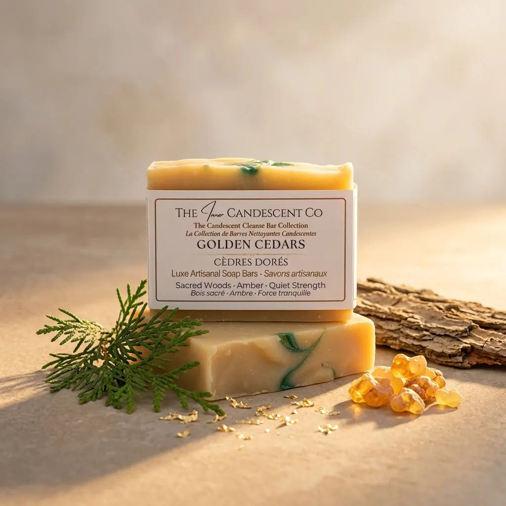 Handmade Golden Cedar soap bar by The InnerCandescent Co with a warm cedar scent, shown in a close-up image.