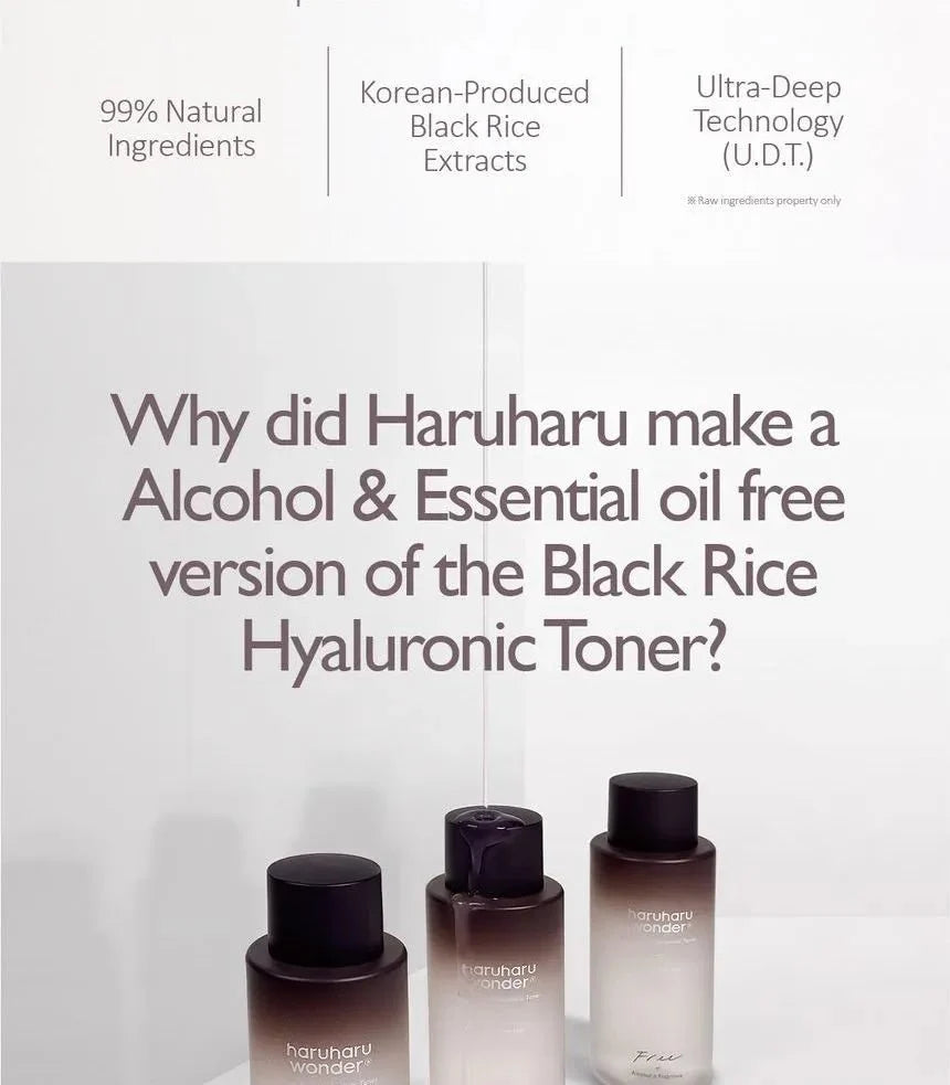 Lakinza K-beauty haruharu Wonder Black Rice Hyaluronic Toner in a 300ml bottle, clear liquid with black rice extract, alcohol-free.