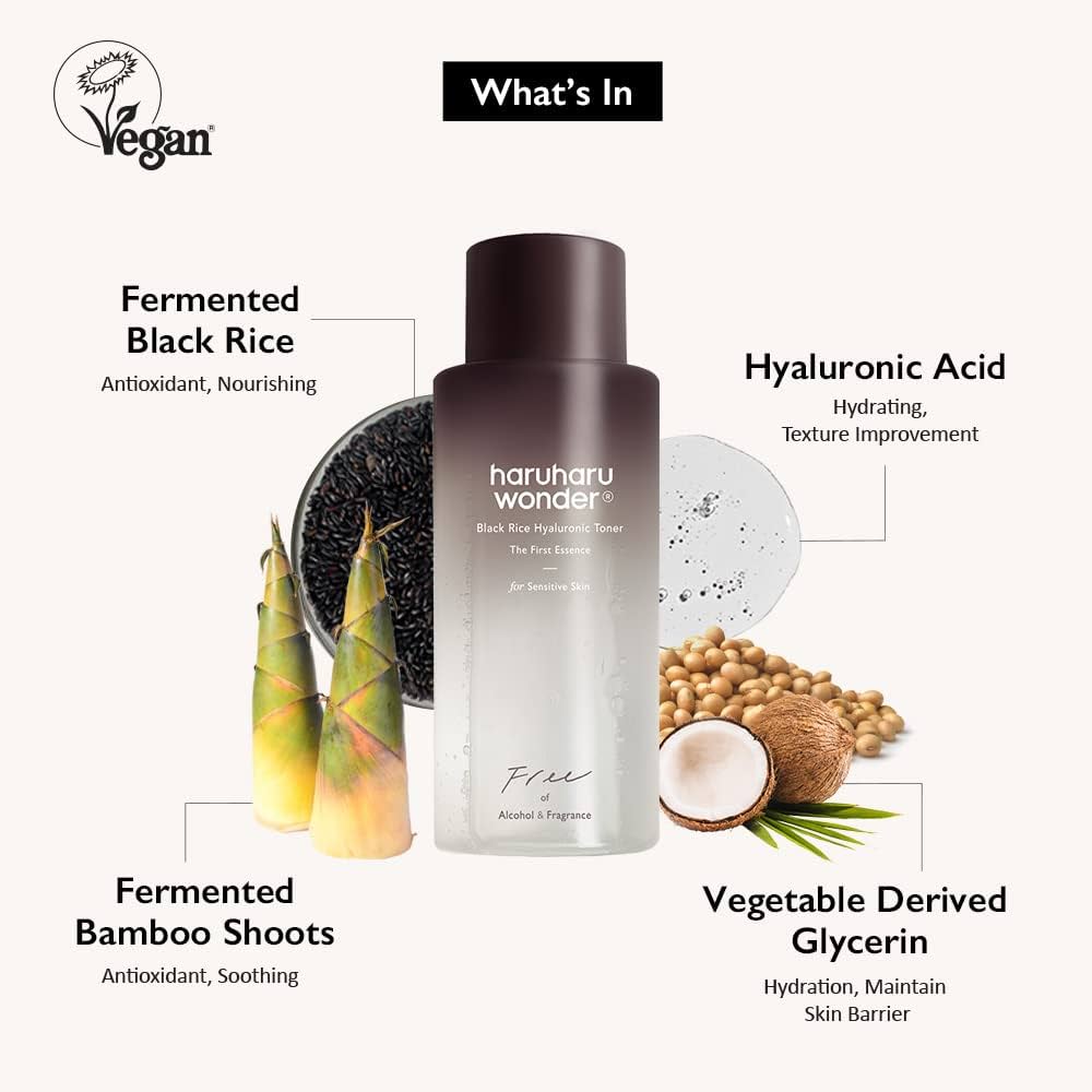 Lakinza K-beauty haruharu wonder Black Rice Hyaluronic Toner in a 300ml bottle, clear liquid with black rice extract, no alcohol or fragrance