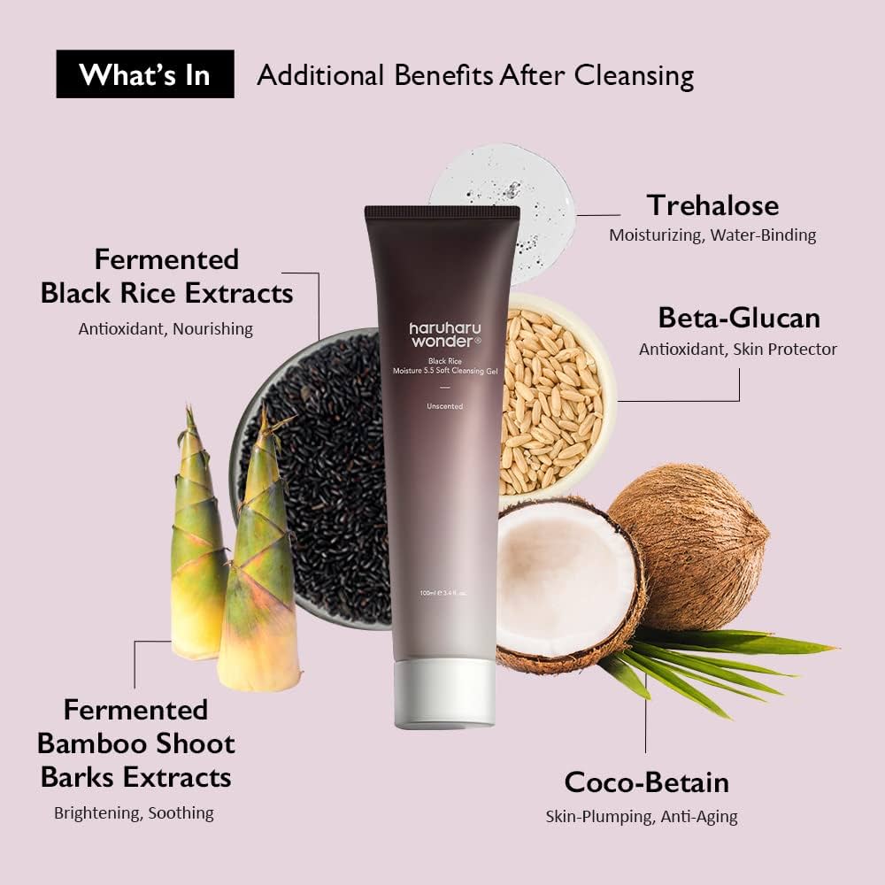 Lakinza haruharu wonder Black Rice Moisture 5.5 Soft Cleansing Gel 100ml bottle, Korean skincare cleanser with black rice extract