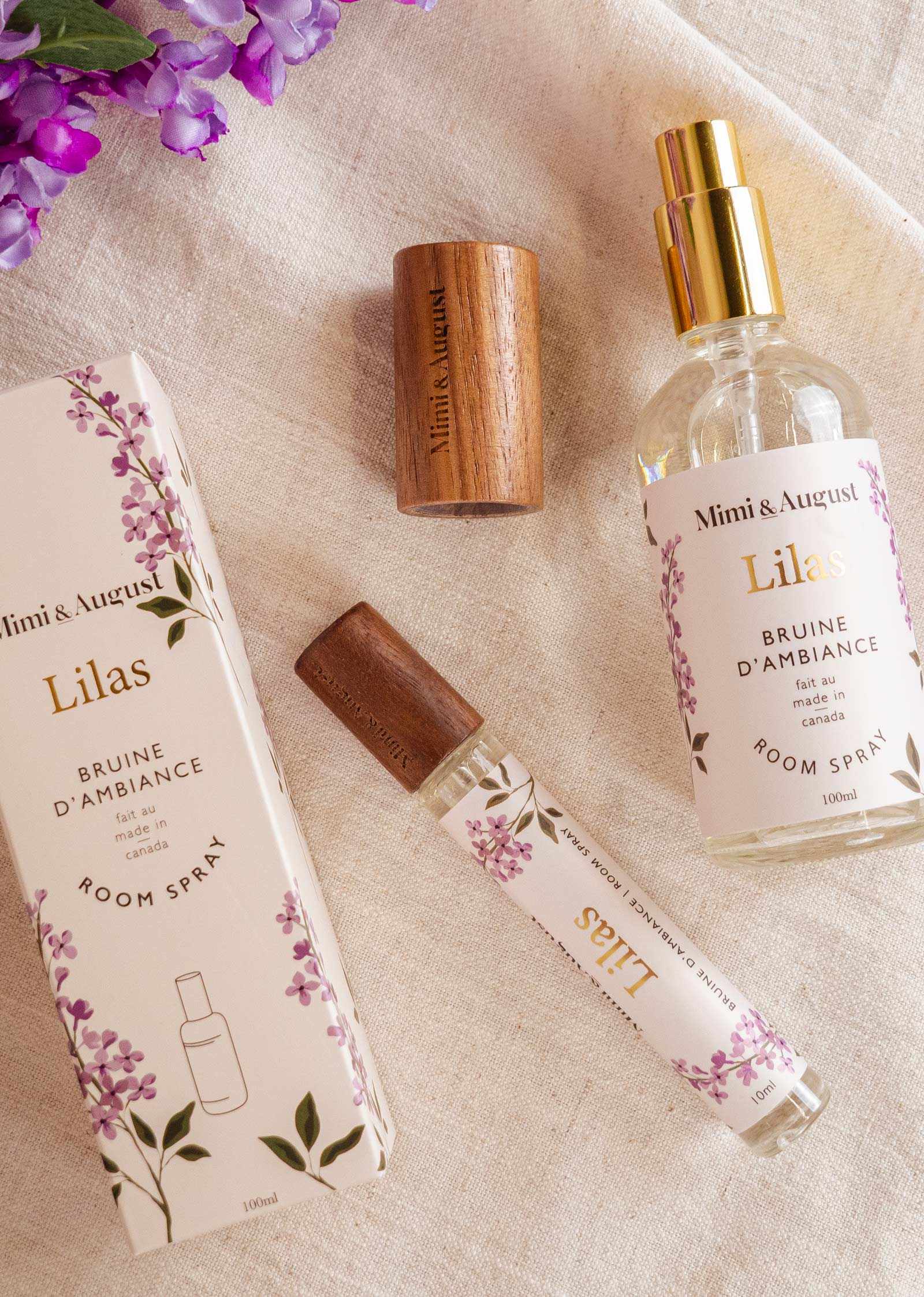 Mimi & August Lilas room spray in 100ml bottle, brown ambiance diffuser with a soft lilac scent, displayed on a neutral background.