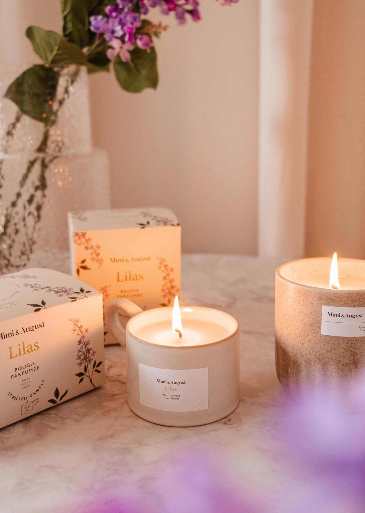 Lilac reusable soy candle by Mimi & August, decorative home candle in a stylish container, perfect for cozy home decor.