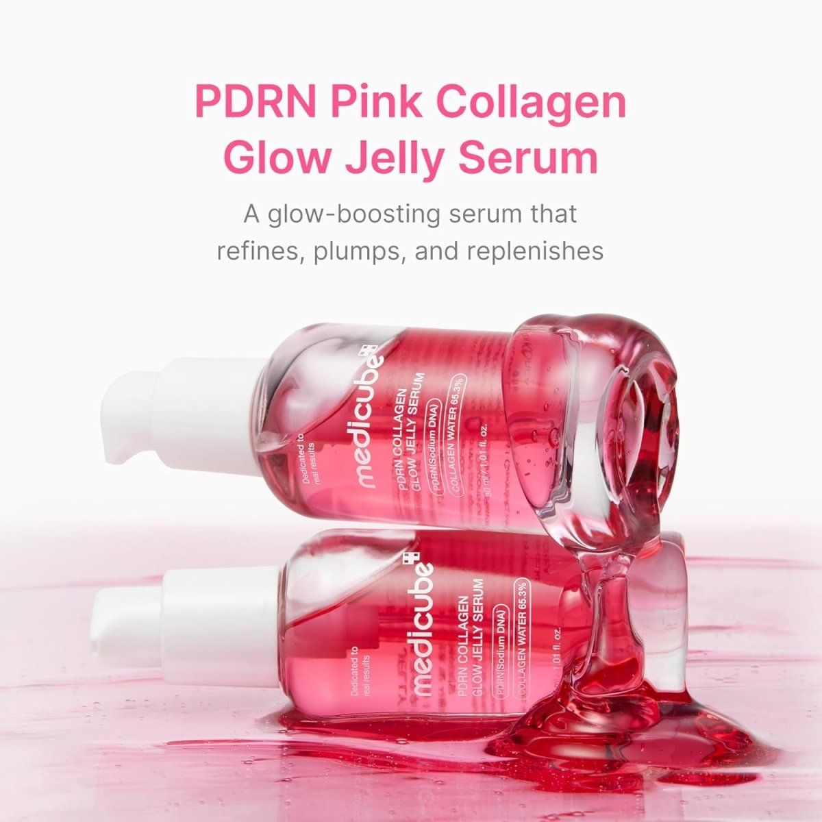 Lakinza K-beauty Medicube PDRN Collagen Glow Jelly Serum 30ml in a clear jar with a pink lid, showcasing its gel texture.