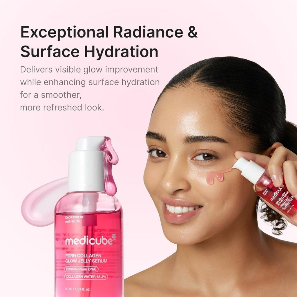 Lakinza K-beauty Medicube PDRN Collagen Glow Jelly Serum 30ml in a clear bottle, with a pump dispenser and vibrant label.
