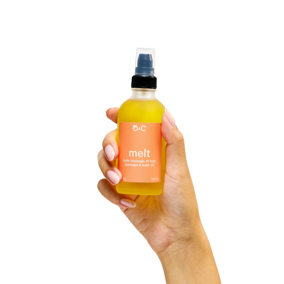 Peach and Cream massage and bath oil bottle labeled "Melt," with a soft, elegant design and clear branding on a white background.