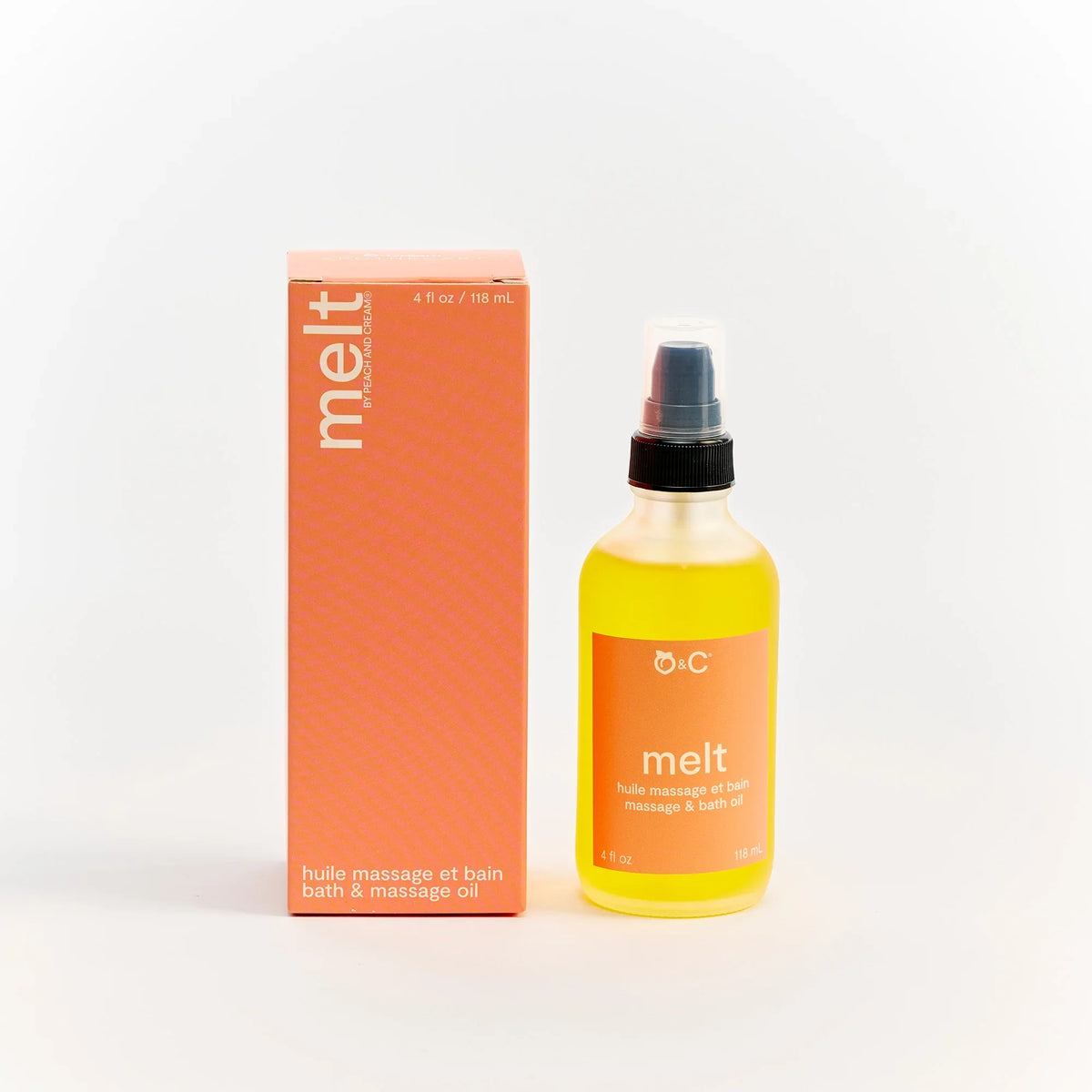 Peach and Cream massage and bath oil bottle labeled "Melt" with a soft, relaxing design and a peach-colored background.