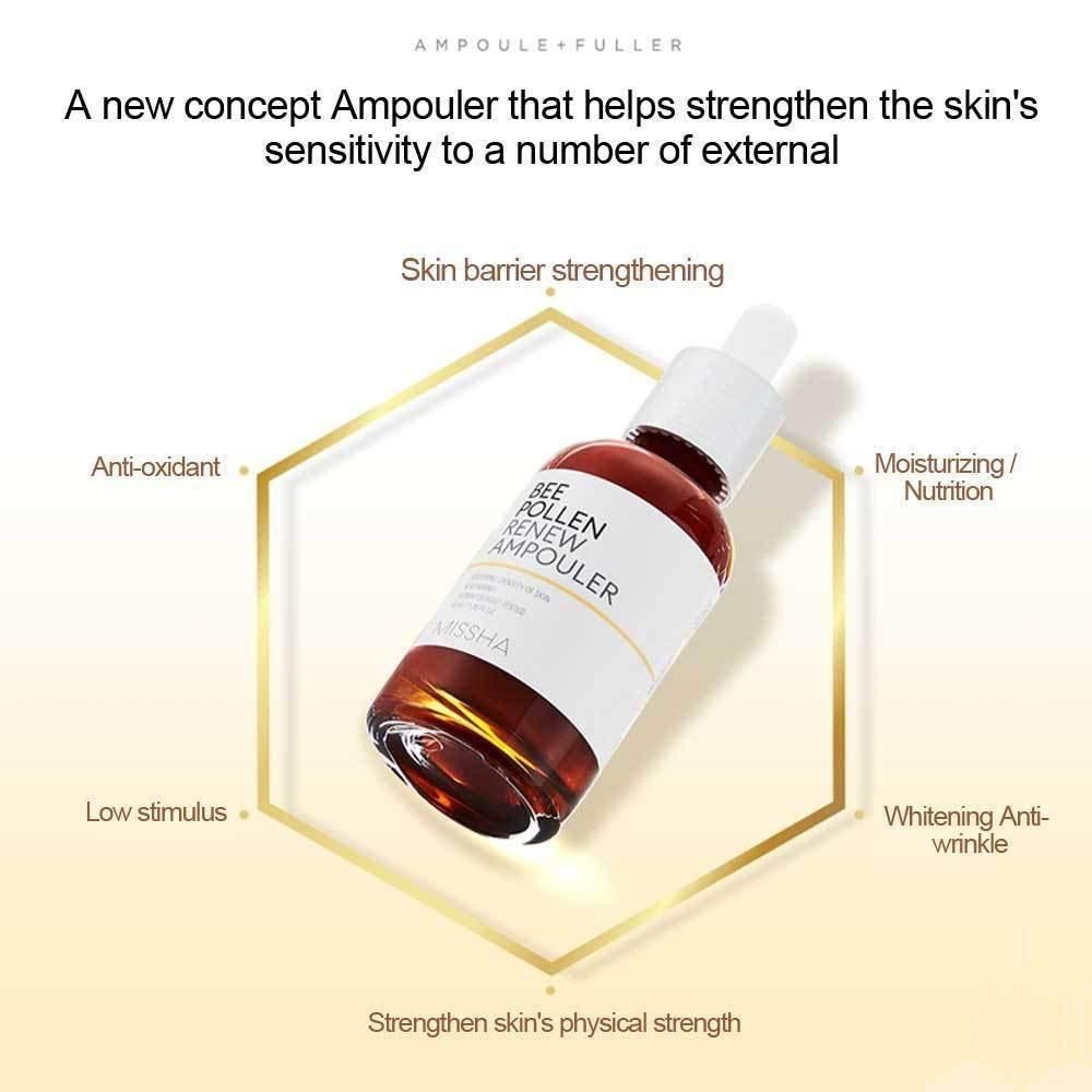 MISSHA Bee Pollen Ampoule 40ml, clear glass bottle with dropper, showcasing the skincare product by Lakinza K-beauty.