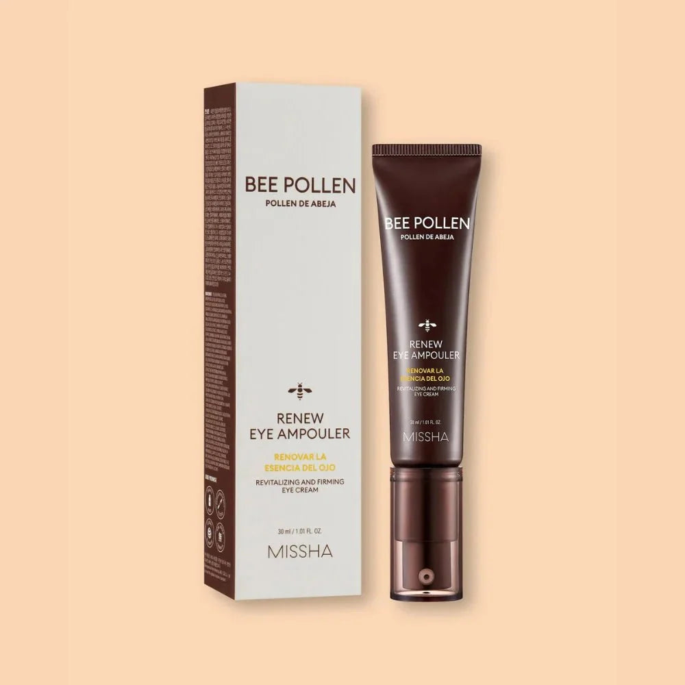 MISSHA Bee Pollen Renew Eye Ampouler 30ml in a clear glass bottle with a pump, designed for eye care by Lakinza K-beauty.