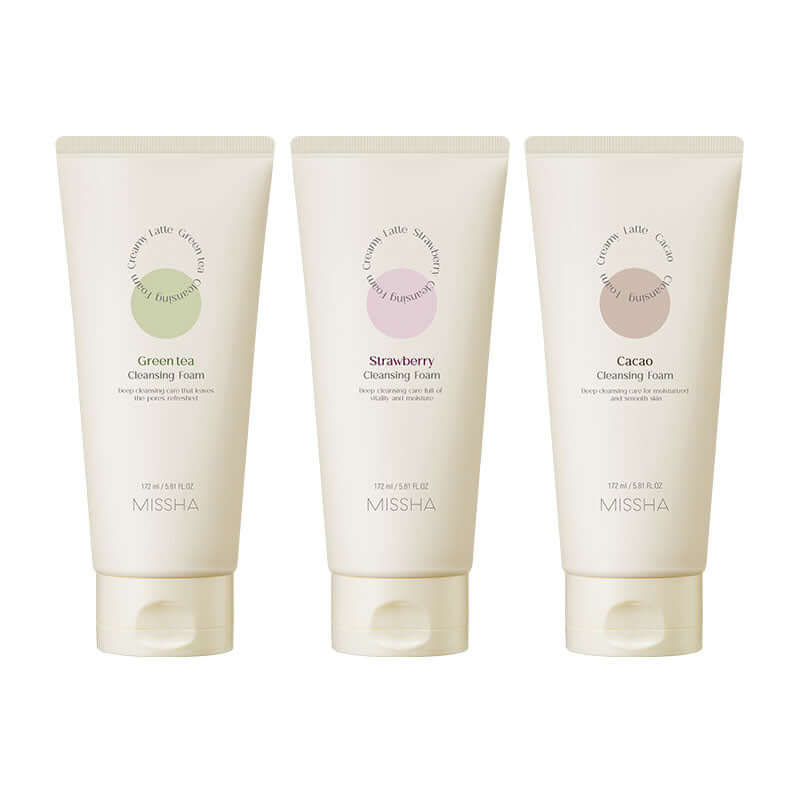 Missha Creamy Latte Cleansing Foam 172ml in a white pump bottle, designed for gentle facial cleansing, by Lakinza K-beauty.