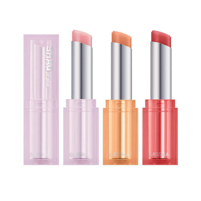 MISSHA Dare Tint Lip Balm 4.8g from Lakinza K-beauty, showing a vibrant tinted lip balm in a sleek tube with a clear cap.