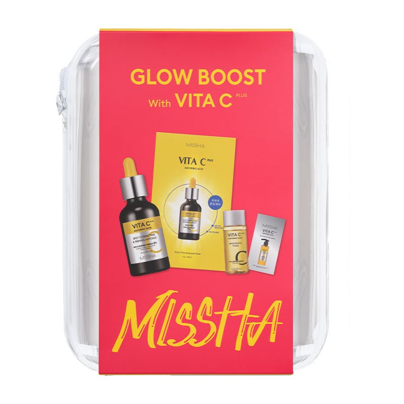 Missha Glow Boost with Vitamin C + Complex K-beauty gift set featuring skincare products in a sleek package.
