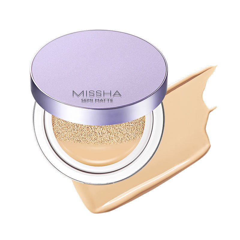 MISSHA Layering Fit Cushion semi-matte base makeup compact with 15g, featuring a sleek design and Korean skincare-inspired packaging.