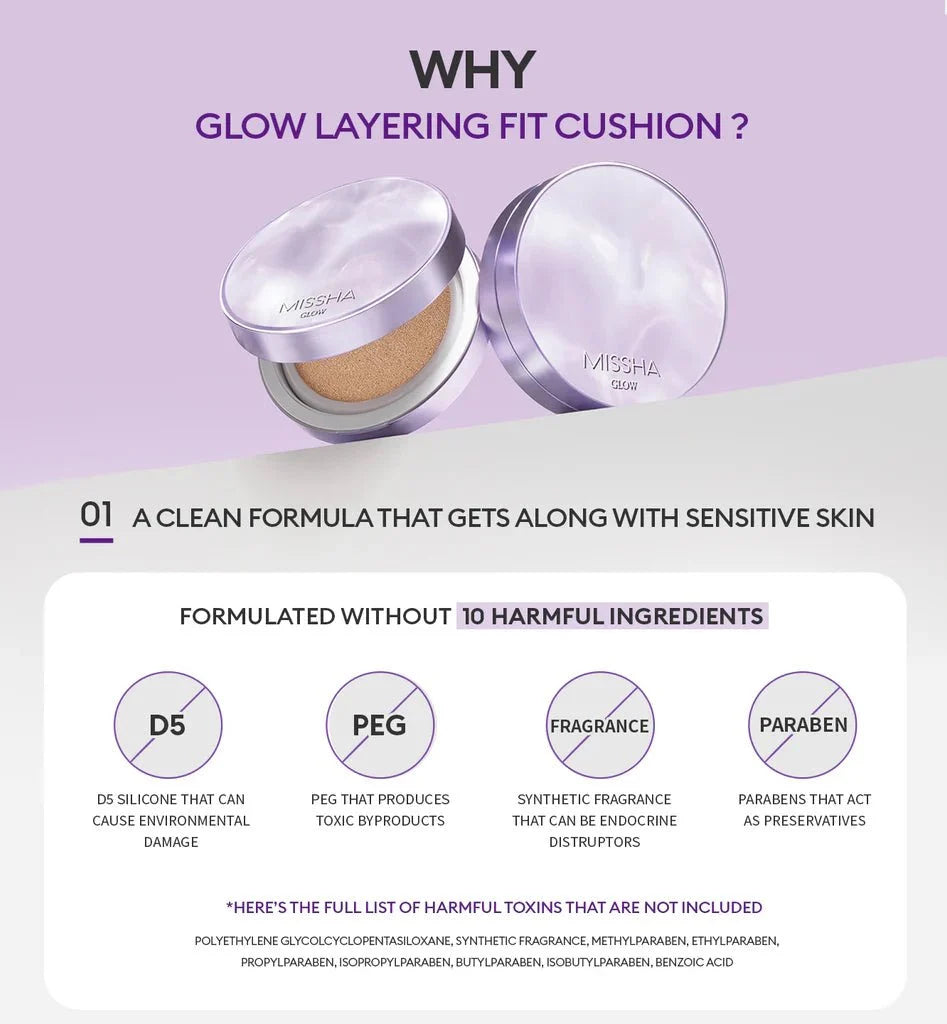 MISSHA Layering Fit Cushion semi-matte base makeup in 15g, compact with a soft sponge and natural finish, by Lakinza K-beauty.