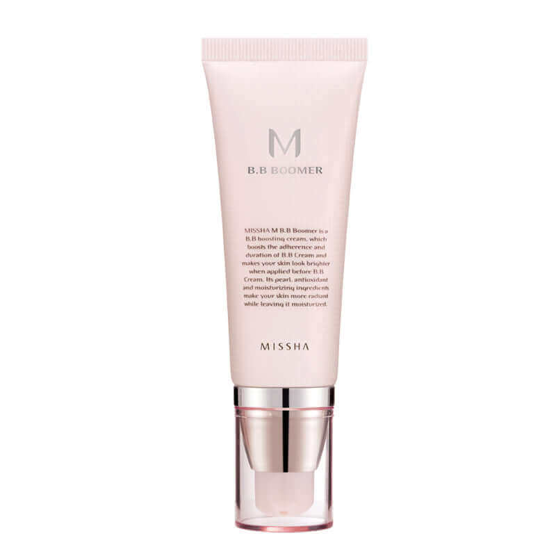 Missha M BB Boomer 40ml base makeup product in a sleek bottle, designed for creating a smooth, radiant K-beauty look.