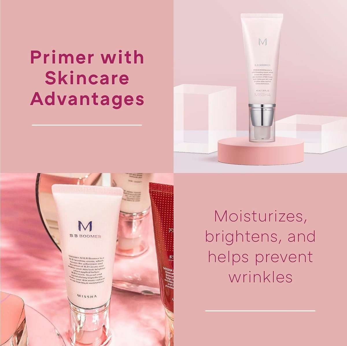 MISSHA M BB Boomer 40ml base makeup product in a sleek bottle, designed to enhance skin prep for a natural, radiant look.