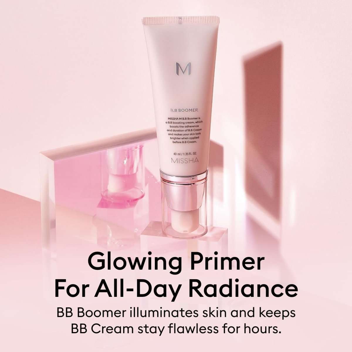 MISSHA M BB Boomer 40ml base makeup product by Lakinza K-beauty, featuring a sleek white bottle with a pump dispenser.