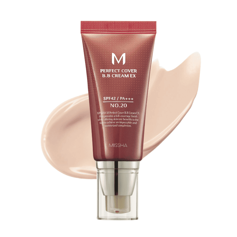 Missha M Perfect Cover BB Cream Ex in 50ml bottle, a base makeup product by Lakinza K-beauty, shown in a sleek tube.