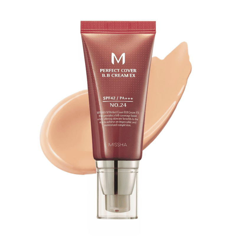 Missha M Perfect Cover BB Cream Ex 50ml in a beige tube, with a smooth texture and applicator, suitable for base makeup.