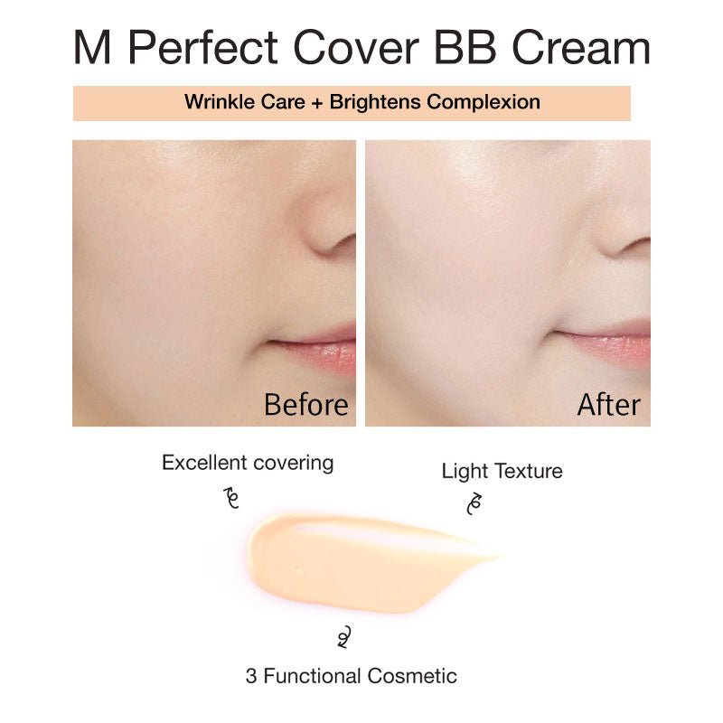MISSHA M Perfect Cover BB Cream Ex 50ml, a beige tube of base makeup with a pump dispenser, on a white background