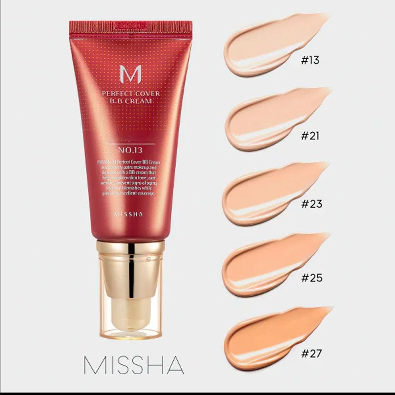 Missha M Perfect Cover BB Cream Ex 50ml in a tube, natural beige shade, smooth base makeup by Lakinza K-beauty.