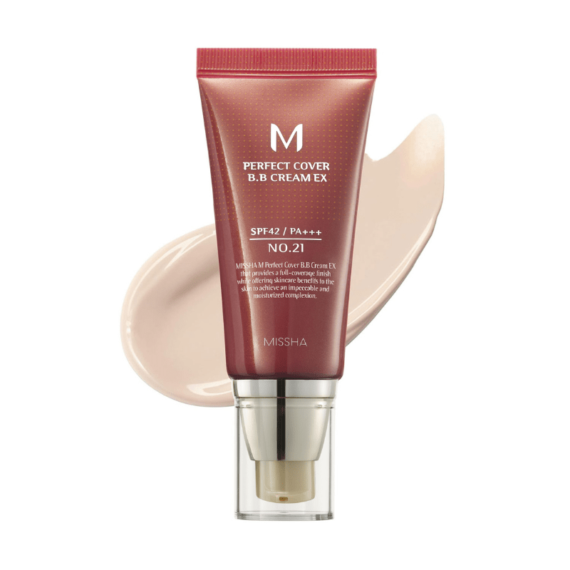 Lakinza Missha M Perfect Cover BB Cream Ex 50ml, a base makeup product in a sleek tube, providing flawless coverage.