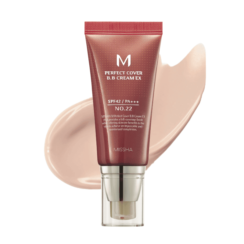 Missha M Perfect Cover BB Cream Ex 50ml, a beige tube of base makeup with a screw cap, showcasing the product's packaging.