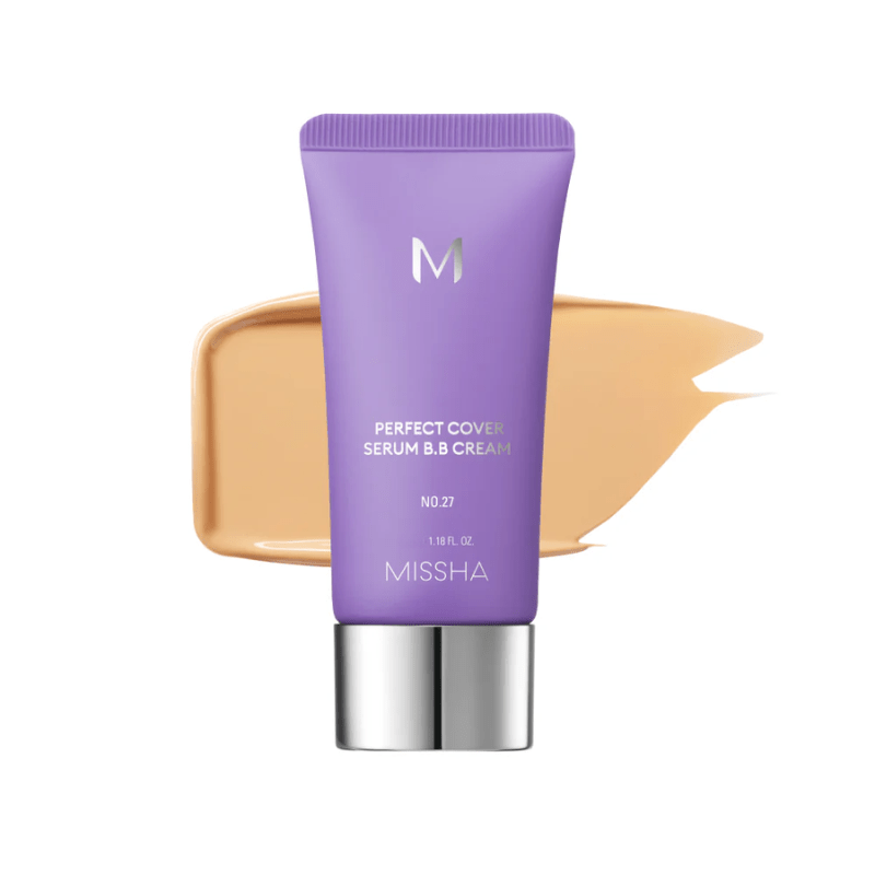 Missha M Perfect Cover Serum BB Cream 20ml, a Korean base makeup product with smooth, lightweight coverage in a sleek tube.