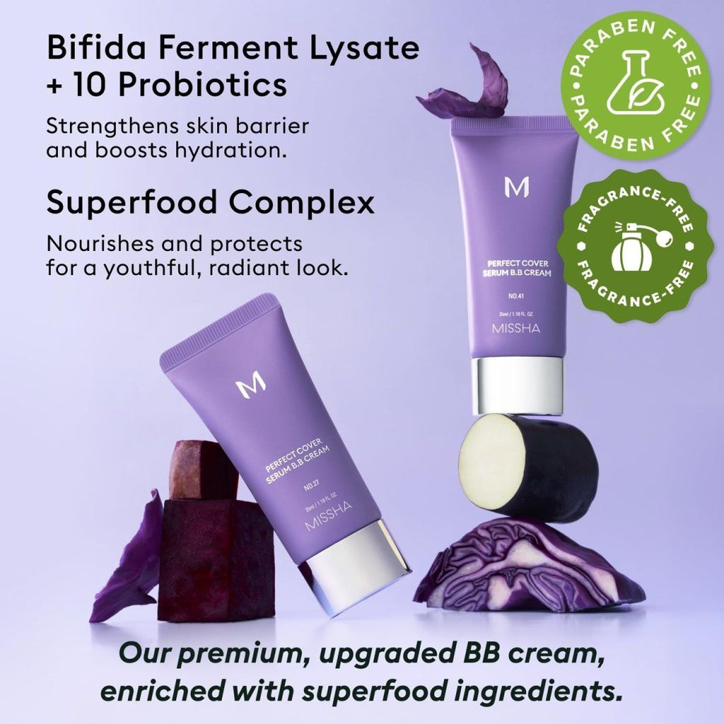 MISSHA M Perfect Cover Serum BB Cream 50ml, a base makeup product with smooth, lightweight texture and natural finish by Lakinza K-beauty.