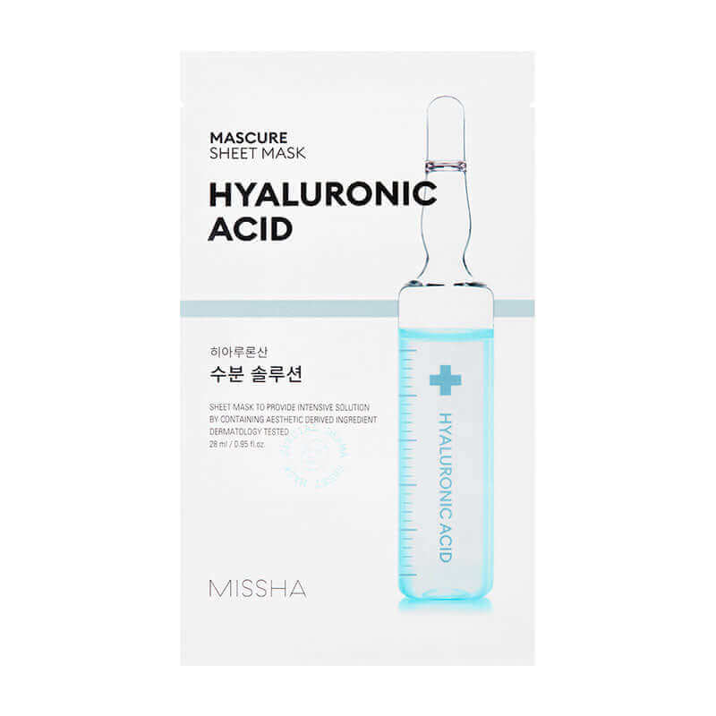 MISSHA Mascure Hydra Solution Sheet Mask with Hyaluron Acid, 27ml, showing the sheet mask soaked in hydrating serum.