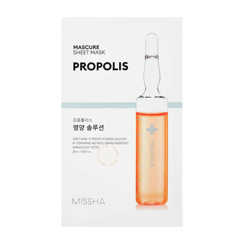MISSHA Mascure Nutrition Solution Sheet Mask with Propolis in a 27ml packet, designed to hydrate and nourish skin.